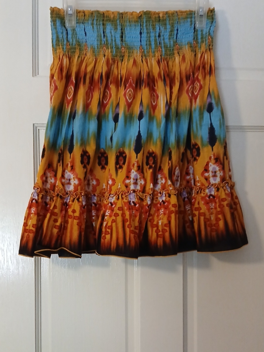 Tracy Evans Yellow and Teal Smocked Mini Skirt